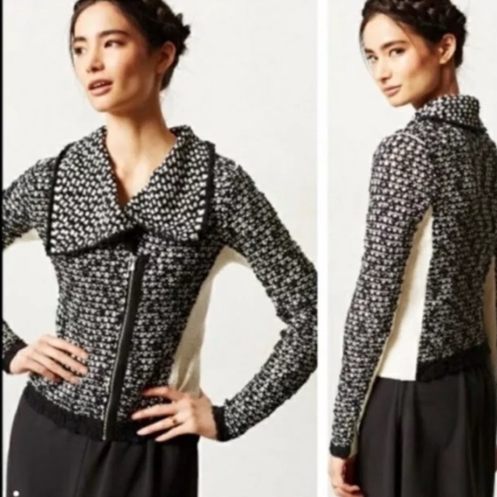 NWT Anthropology Yellow Bird Slubby Moto Jacket Sweater in Ivory Black Size XS‎
